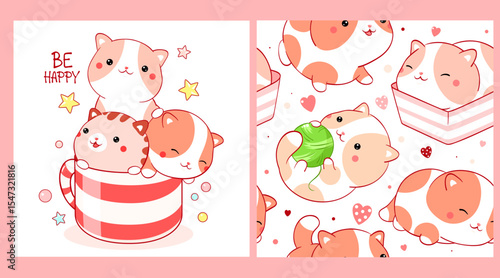 Set of seamless pattern and one print with cute cats in kawaii style. Endless texture can be used for textile pattern fills, t-shirt design, web page background. Inscription Be happy. Vector EPS8