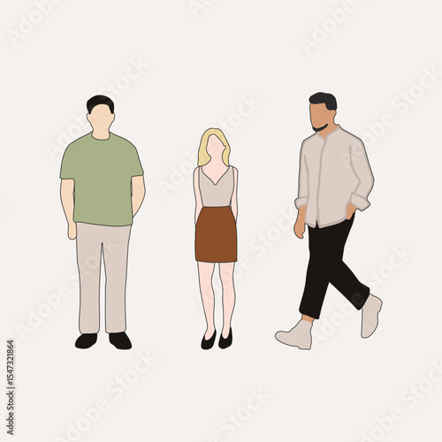 flat minimal people male and female vector illustration in spring summer clothing with outline concept isolated set collection. For architecture rendering, graphic design, info graphic, media
