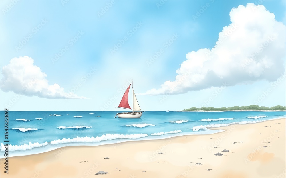 Obraz premium Seaside, sailboats and sky. Beach landscape wallpaper, hand painted design, watercolour background. High quality