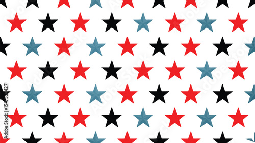 seamless pattern of red, black, and blue stars on white background – festive geometric design ideal for textiles, decor, and prints