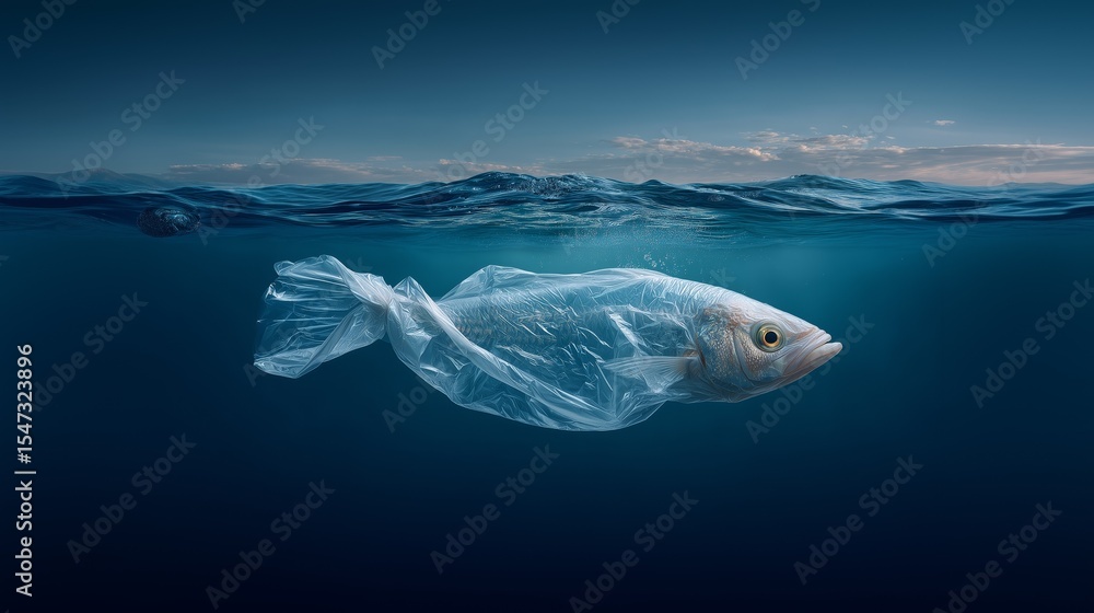 Fototapeta premium A fish entangled in plastic highlights ocean pollution issues, emphasizing the environmental impact of waste on marine life.