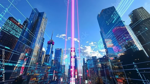 Futuristic skyline of a bustling city with neon lights and digital elements during daytime