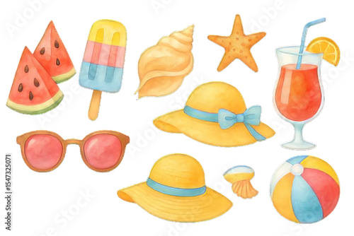 Watercolor Summer Set on Transparent Background: Watermelon Slices, Popsicle Ice Cream, Sunglasses, Sun Hat, Seashell, Starfish, Cocktail, Beach Ball