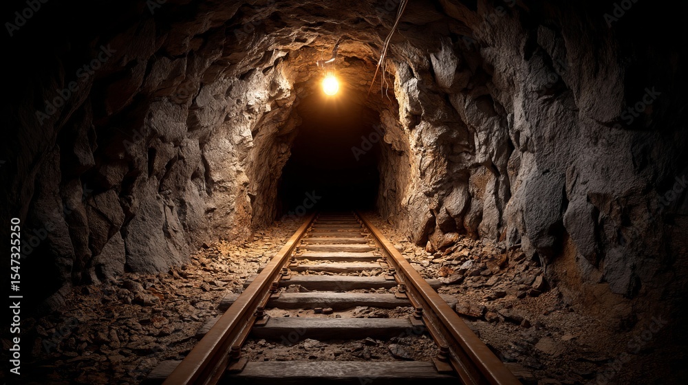Obraz premium Underground mine tunnel with railway tracks leading into darkness and a bright light at the end