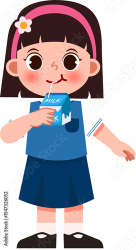 Cartoon Girl Sipping Milk with Straw, Wearing Pink Headband and Blue Uniform.