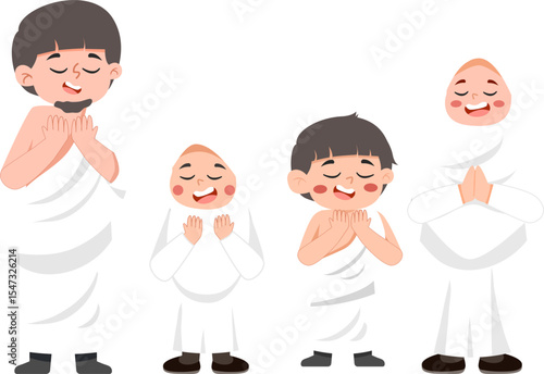 Praying Family, White Garments, Eyes Closed, Cartoon Style.