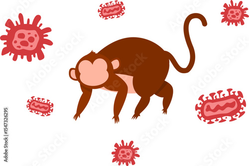 Monkey encircled by stylized red virus-like shapes, vector illustration.