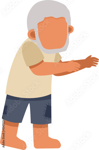 Elderly figure with outstretched hands, grey hair, and patched clothing.