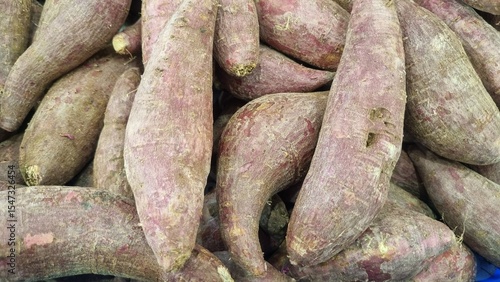 Organic raw purple sweet potatoes from local farmer market in basket. Sweet Potato (Ipomoea batatas), ubi, purple yam good source of antioxidants, particularly anthocyanins, which are linked to variou