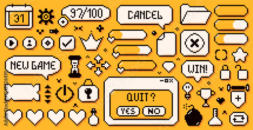 A large set of pixel game art 8 bit icons drawn in a yellow and white color scheme. Speech bubbles, hearts, crown and many other elements.