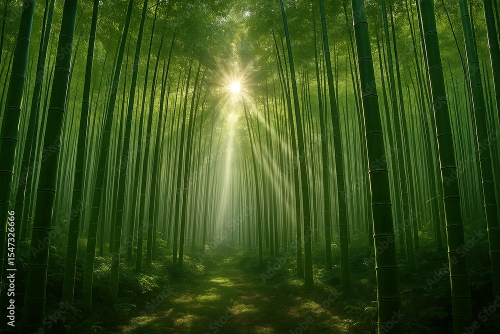 Fototapeta premium Radiant Sunbeams Piercing Through a Lush Green Bamboo Forest Pathway