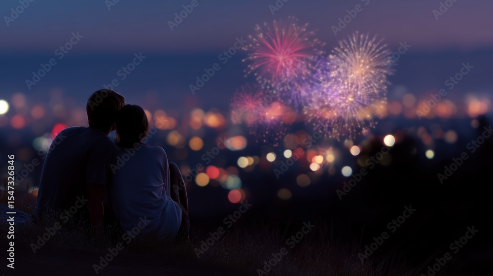 Couple enjoys fireworks display over city skyline at night Couple enjoys fireworks display over city skyline at night
