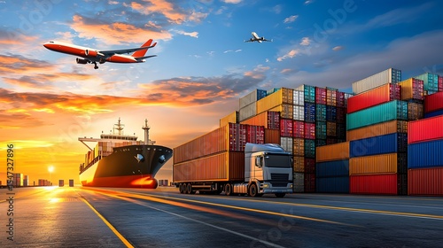 Cargo Ship and Truck Under Airplanes in Vibrant Sunset Scene
