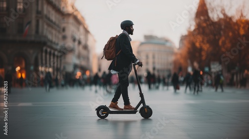 Man rides electric scooter in city center, surrounded by blurred crowds, capturing modern urban mobility and lifestyle.