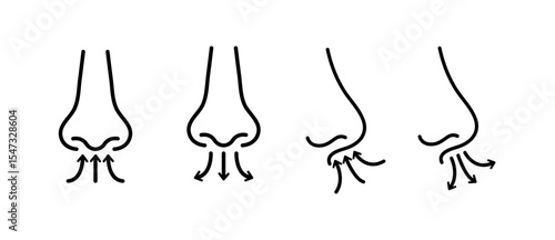 Inhale and exhale icons. Nose breathing illustration, line style, editable stroke.