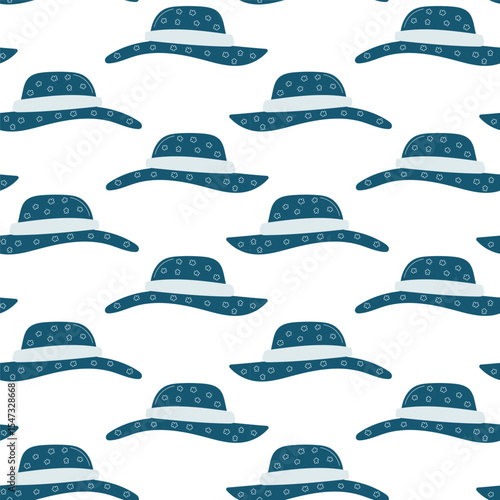 Seamless vector pattern of stylish sun hats with dotted details on a white background suitable for various design applications