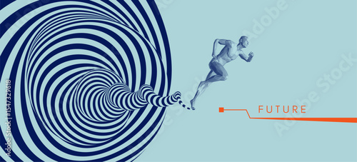 Concept of movement into the future, progress and development in time. Striving for a goal. Tunnel with optical illusion and swirl effect, similar to a high-speed trail from a fast running man. Vector