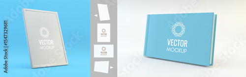 Realistic frame. Design element for message. Hardcover book mockup or scrapbook. Cover design template. Blank sheet. 3d vector illustration for picture, poster,  certificate, diploma or photo.