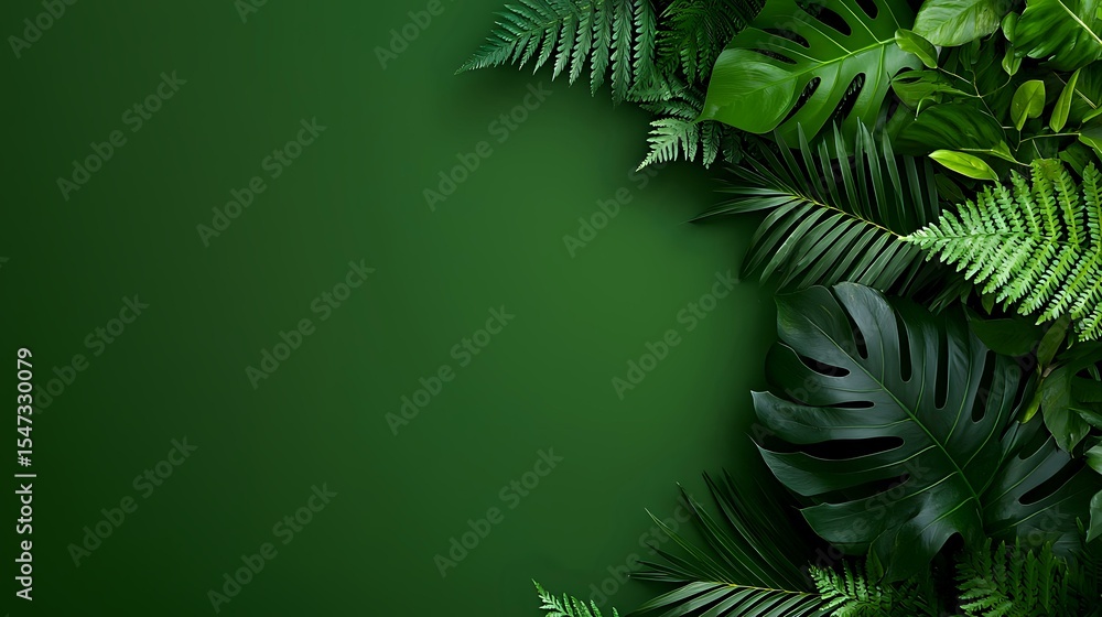 Fototapeta premium Tropical green leaves frame border on dark emerald background with copy space. Natural botanical layout for luxury product presentation and branding.
