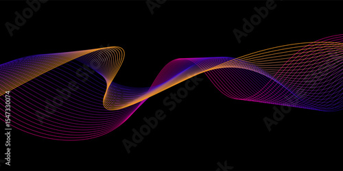 Neon flowing wavy lines on black background. Abstract sound wave design for ai concept, equalizer, audio record, voice assistant. Blue, pink orange gradient curve stripes. Vector background