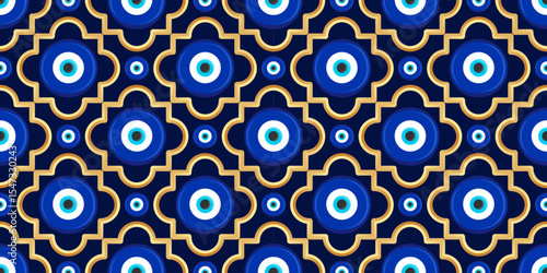 Evil eye Greek seamless pattern. Vector background with blue beads. Mystic amulet with golden ornament. Turkish nazar - ethnic symbol of protection energy and luck. Cute Arabic design