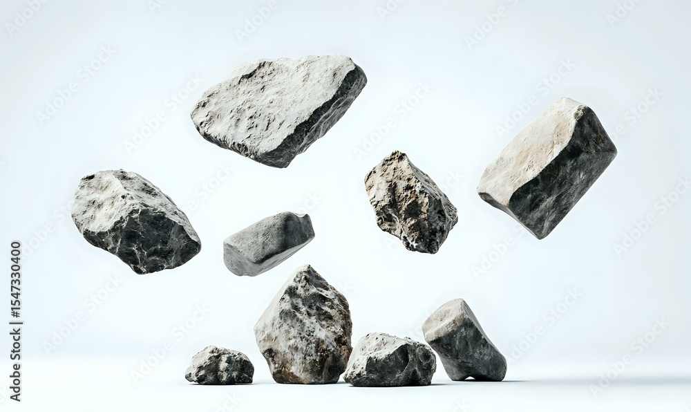 Naklejka premium Rough gray stones floating in air against white background, creating dynamic composition with shadows beneath. Isolated objects for design and advertising use.