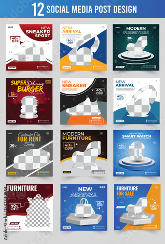Twelve modern social media post designs template for various product promotions and marketing