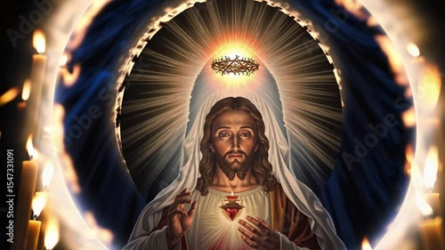Religious image of Jesus Christ with sacred heart and halo, symbolizing holiness, divine love, Christian worship, sacred vision, and traditional devotion