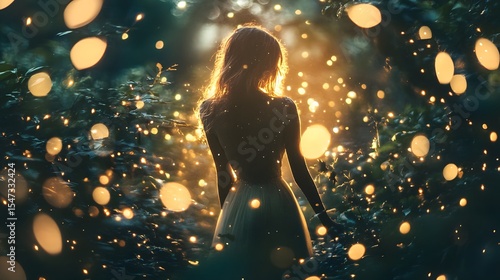 A girl in a mystical forest surrounded by floating light
