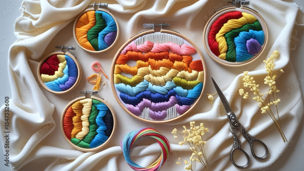 Obraz premium Pride flag patterns – surrounded by scissors, soft fabric, and dried flowers.