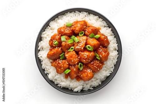 Delicious orange chicken served over white rice garnished with green onions