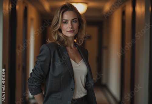 Free Download Woman standing confidently in a hallway next to a laundry basket - GFXLoad