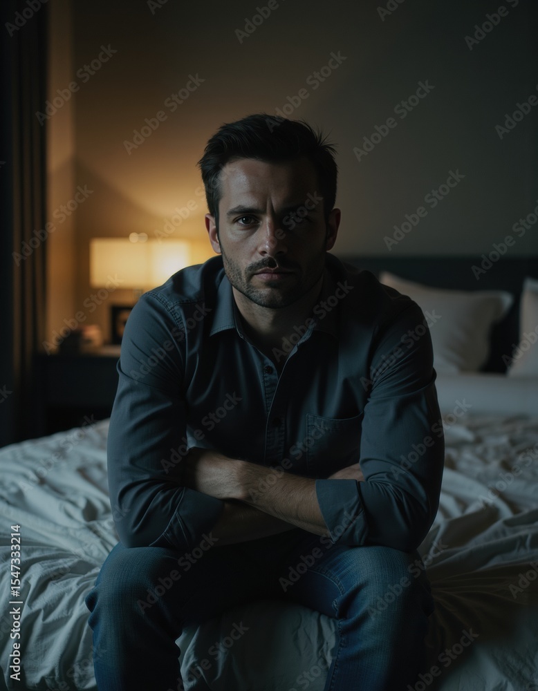 Man sitting on the edge of an unmade bed, reflecting in a dimly lit room Man sitting on the edge of an unmade bed, reflecting in a dimly lit room