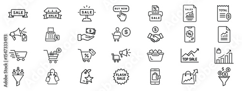 Line Icons Set of E-commerce, Sale Promotion, Online Shopping, Online shopping and e-commerce icon set featuring sale banners, buy now button, discount tags, mobile commerce, promotional ads, shopping