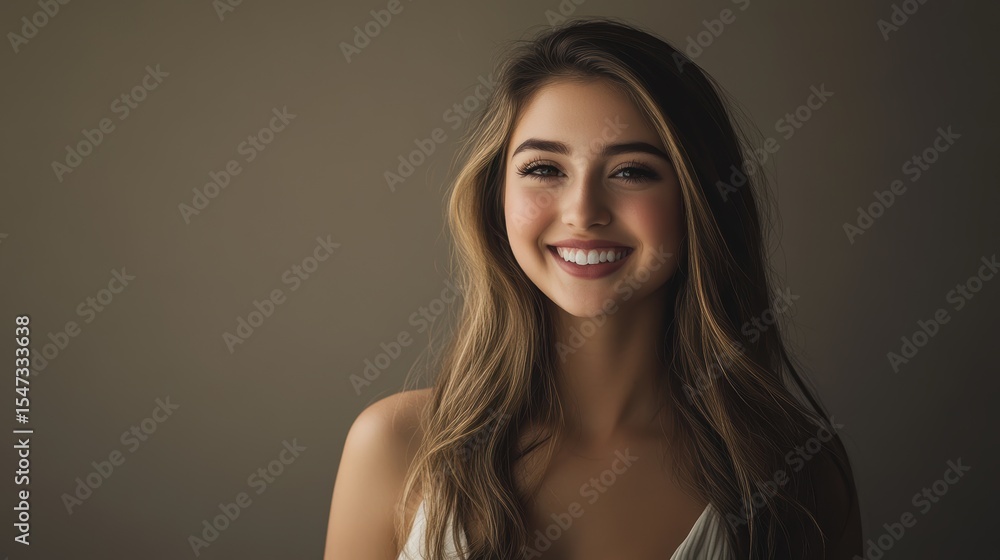 Naklejka premium Portrait of young woman smiling confidently with long hair, casual outfit, natural makeup, cheerful expression, friendly vibe, lifestyle photography, beauty.