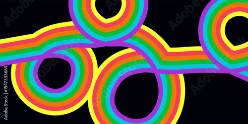 LGBT progress flag banner. Abstract wave ribbon in rainbow flag colors on isolated black background with copy space. Vector design template for pride month poster, card