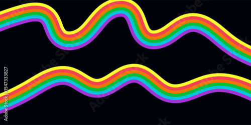 LGBT progress flag banner. Abstract wave ribbon in rainbow flag colors on isolated black background with copy space. Vector design template for pride month poster, card