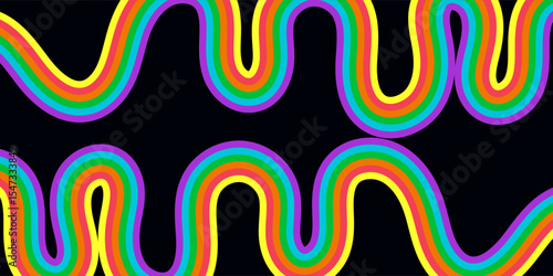 LGBT progress flag banner. Abstract wave ribbon in rainbow flag colors on isolated black background with copy space.