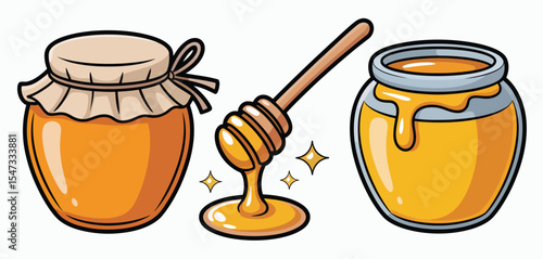 Sweet Honey Jars and Dipper Cartoon Illustration