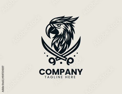 Pirate parrot vector logo illustration design displaying whimsical bird head and pirate theme in modern flat style