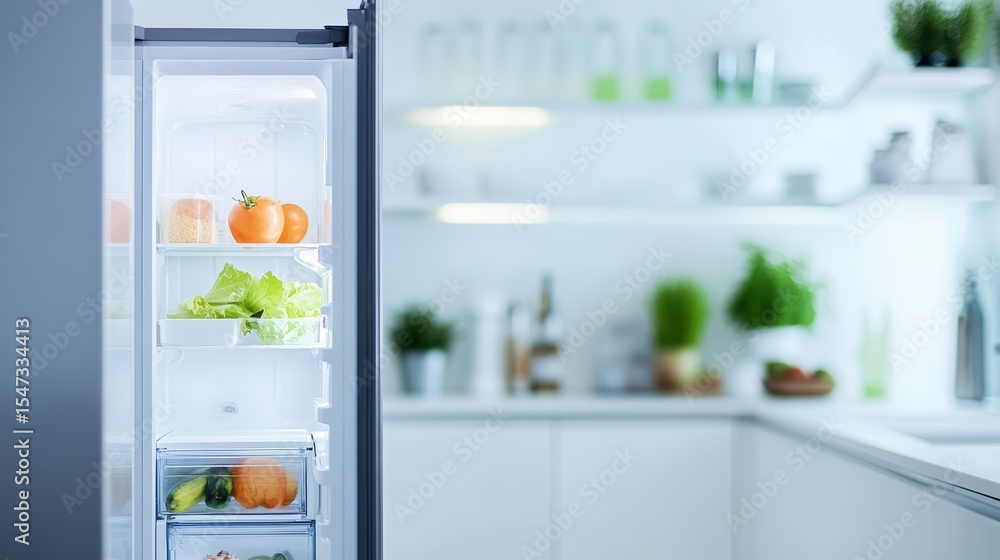 Refrigerator open with fresh fruits and vegetables in modern kitchen interior, healthy eating lifestyle, organized food storage, home cooking, fresh ingredients. Refrigerator open with fresh fruits and vegetables in modern kitchen interior, healthy eating lifestyle, organized food storage, home cooking, fresh ingredients.