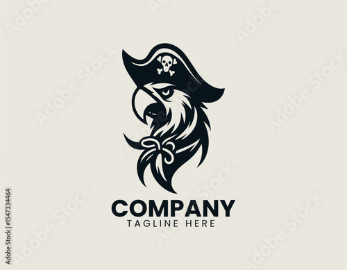 Pirate parrot vector logo illustration design featuring colorful bird head wearing pirate hat within circular frame