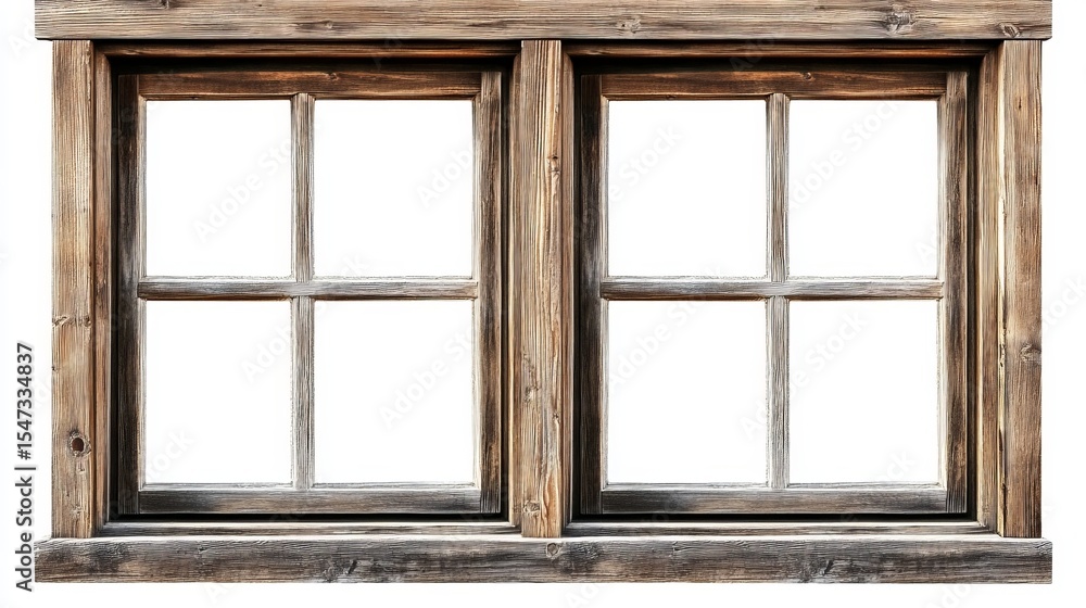 Fototapeta premium Two wooden windows with a light brown finish and straightforward trim sit on a white backdrop