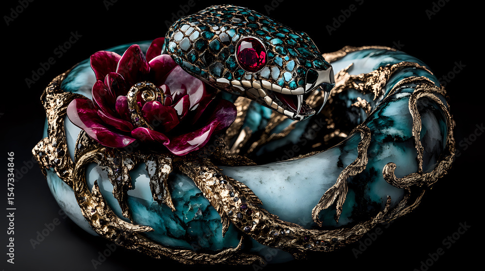 Fototapeta premium Ornate snake brooch with burgundy rose detail and turquoise accents on dark background, featuring intricate metalwork and gemstone embellishments in vintage jewelry style.