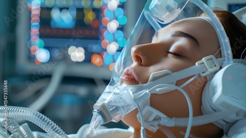 Patient in Medical Care with Respiratory Equipment in Healthcare Facility