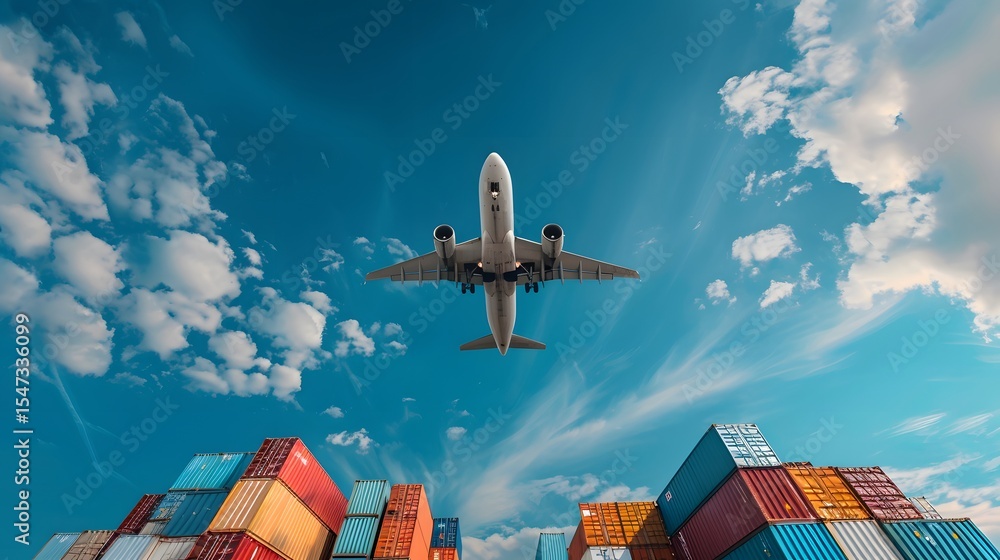 Obraz premium Airplane Flying Above Colorful Shipping Containers Under Blue Sky