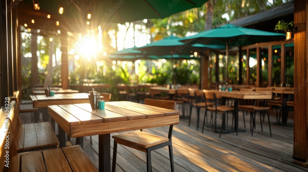 Fototapeta premium A beautifully designed outdoor restaurant bathed in natural light, creating an inviting atmosphere that encourages social gatherings and relaxation among patrons.