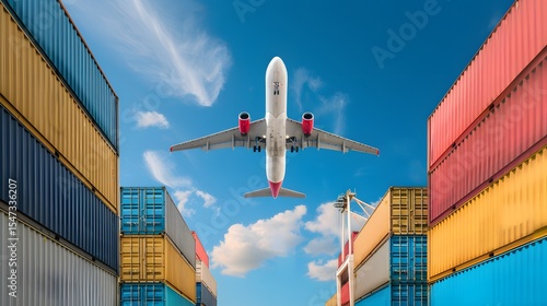 Airplane Flying Over Colorful Shipping Containers at a Port