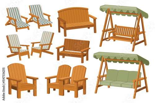 Wooden Outdoor Furniture Collection Chairs, Benches, and Swings