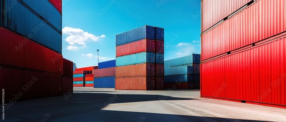 Fototapeta premium Shipping containers stacked at a cargo terminal under a clear blue sky, showcasing freight logistics, transport industry, and global trade infrastructure.